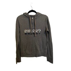 GUESS HOODIE JACKET SIZE MEDIUM SEQUIN GUESS LOGO GRAY TOP COLLAR ZIP